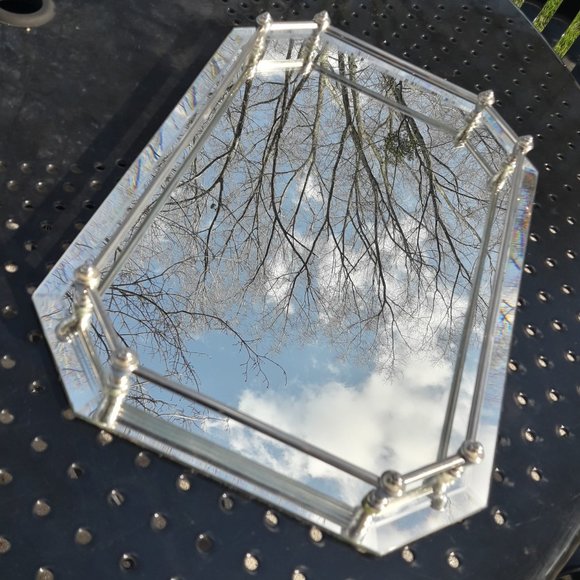 Vanity Mirror Vintage Trey Silver Handles Octagon Shape Mirrored Tray Art Deco - Picture 1 of 14